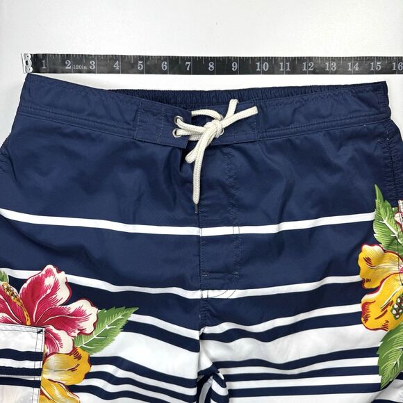 Polo Ralph Lauren Swim Shorts Men Medium Navy White Stripe Floral Hibiscus Trunk - Picture 9 of 15